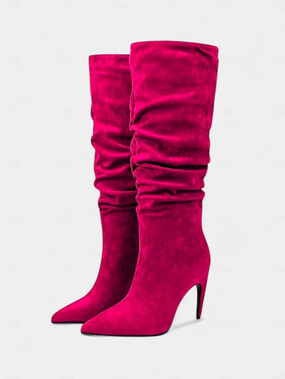 Women's High Knee Pointed Slouch Velvet Boots Toe Green -