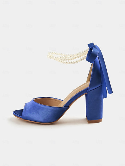 Heel Satin Pearl Block Ankle with Women's Peep-Toe Sandals