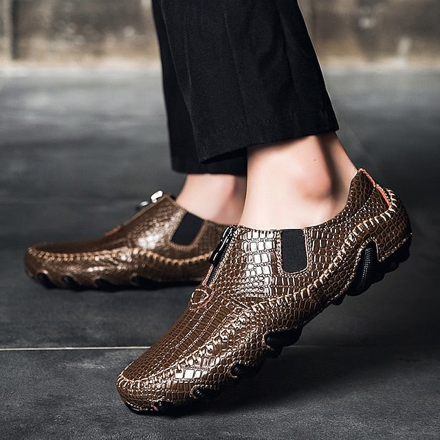 Men's Crocodile Pattern Leather Loafers - Stylish Slip-On