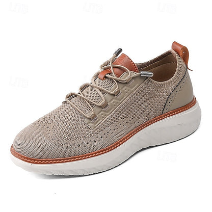 Men's Shoes Beige Knit Lace-Up Sneakers with Lightweight