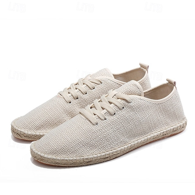 Men's Beige Canvas Lace-Up Espadrille Shoes with Jute Rope