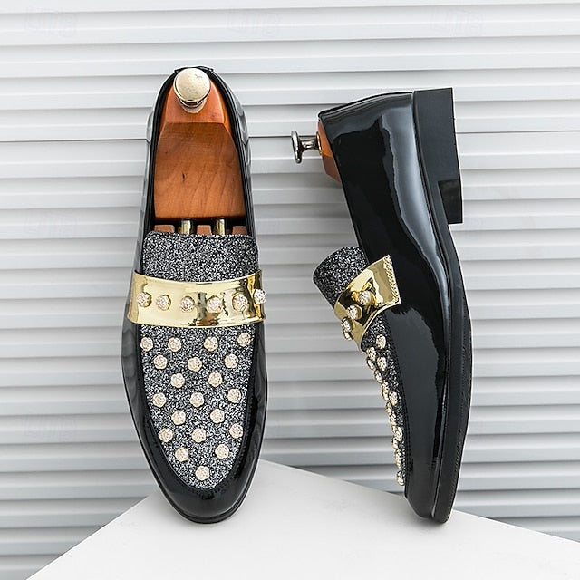 Men's Black Patent Loafers with Studded Detail and Gold