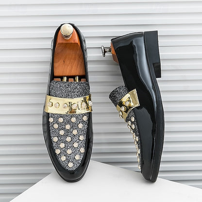 Men's Black Patent Loafers with Studded Detail and Gold
