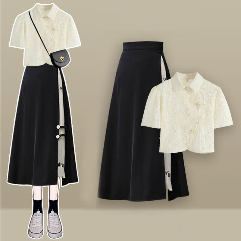 Vintage T-Shirt Split Skirt Set Buckle Print Floral Stitching