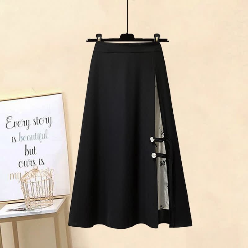 Vintage T-Shirt Split Skirt Set Buckle Print Floral Stitching