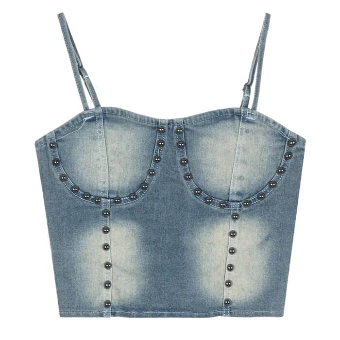 Vintage Denim Rivet Top - Tops