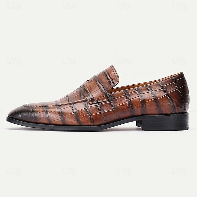 Men's Classic Brown Crocodile Pattern Leather Dress Shoes -