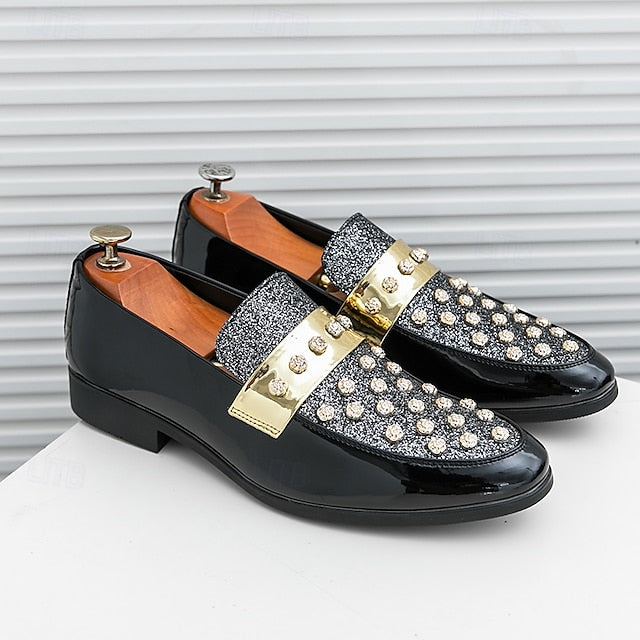 Men's Black Patent Loafers with Studded Detail and Gold