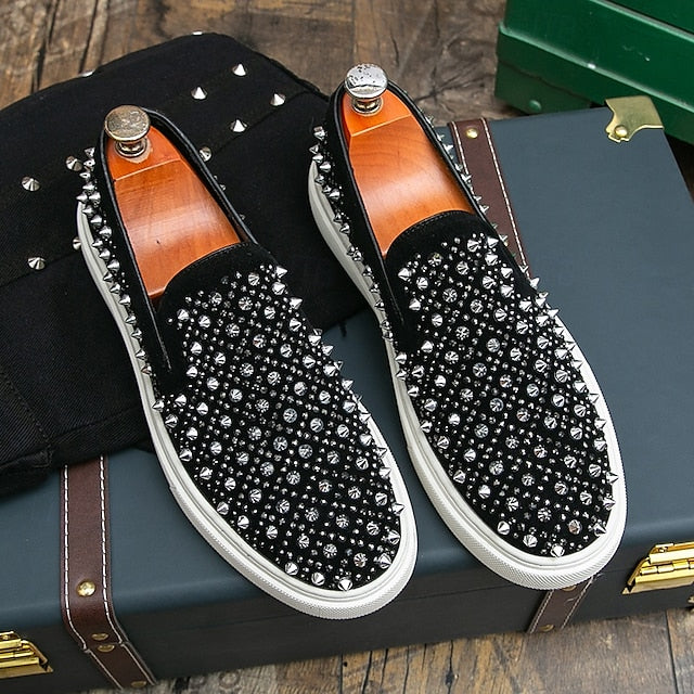 Men's Black Slip-On Shoes with Pearl Detailing - Elegant