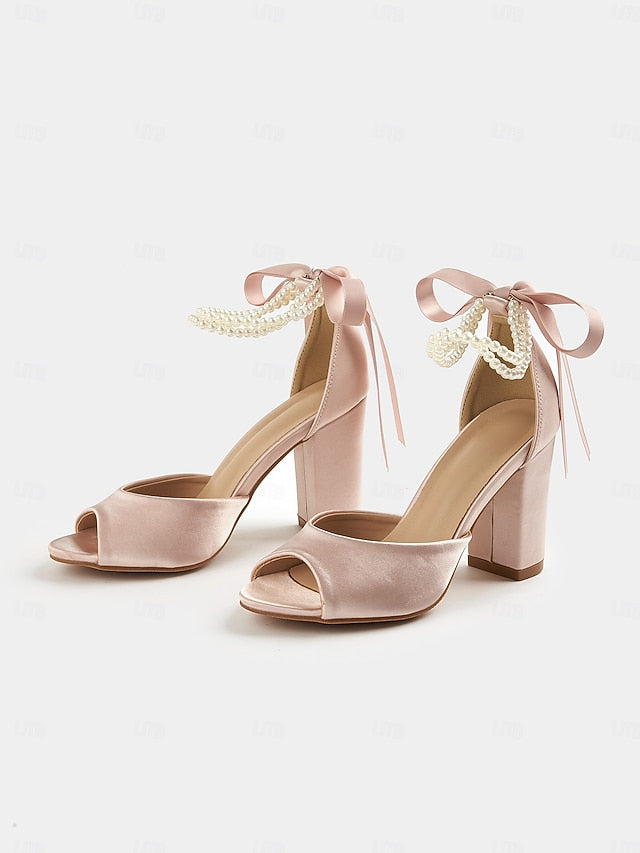Heel Satin Pearl Block Ankle with Women's Peep-Toe Sandals