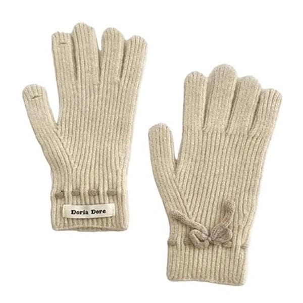 Warm Bow Knit Gloves - Beige - Other