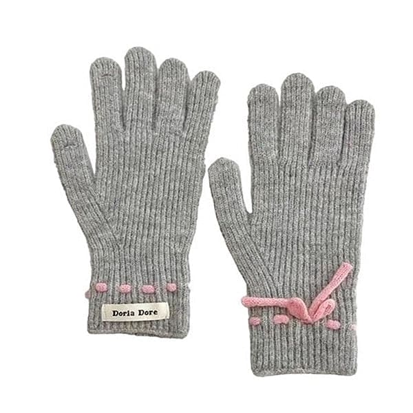 Warm Bow Knit Gloves - Grey - Other