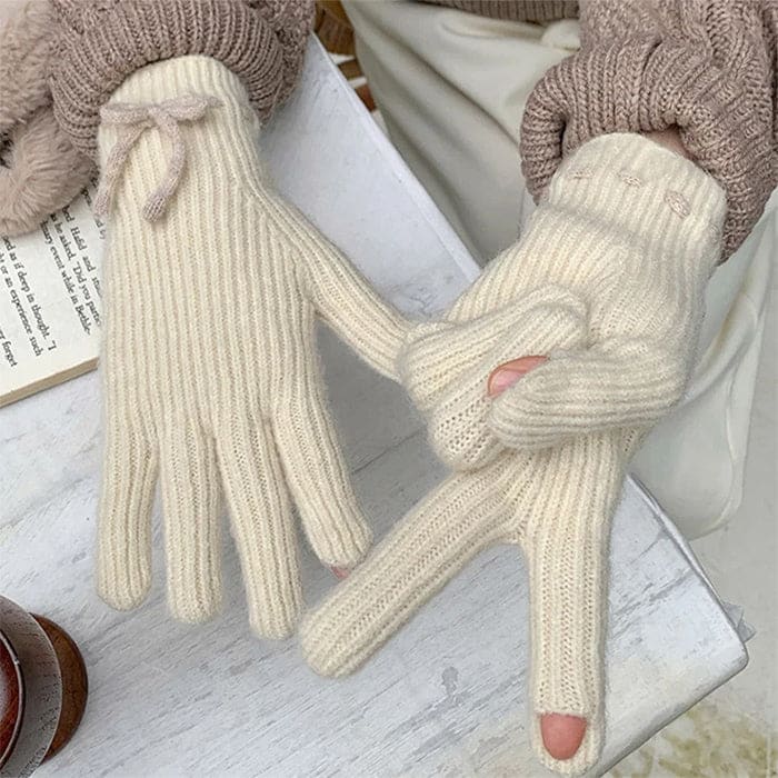 Warm Bow Knit Gloves - Other