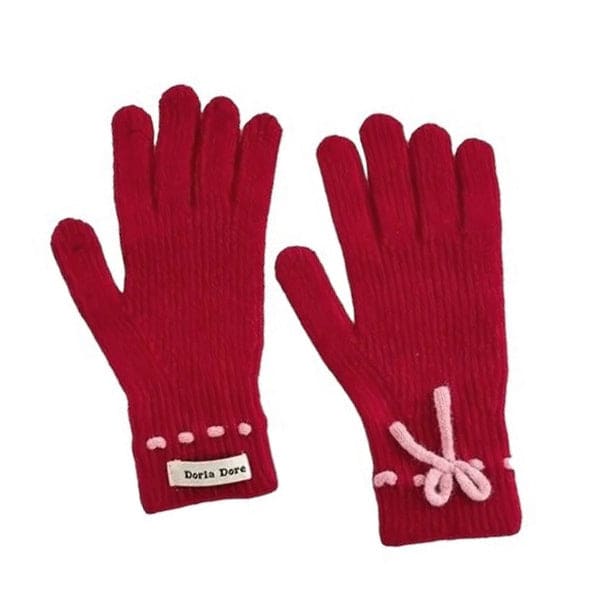 Warm Bow Knit Gloves - Red - Other