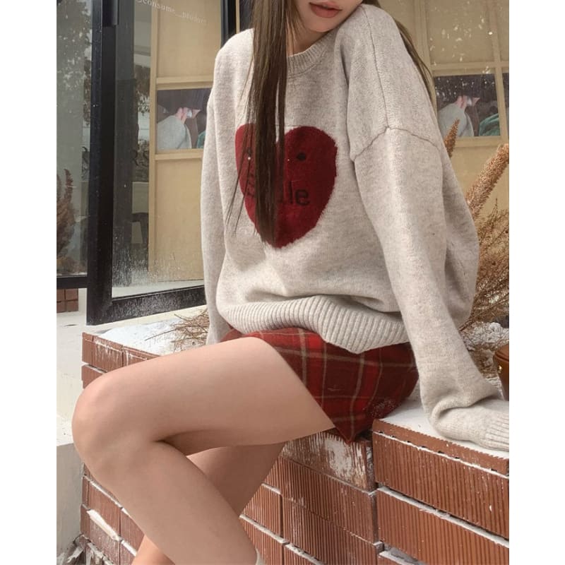 Warm Red Heart Sweater - Free Size / Grey/red - Sweater