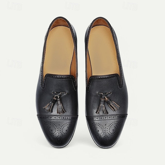 Men's Brown Leather Tassel Loafers with Brogue Detailing,