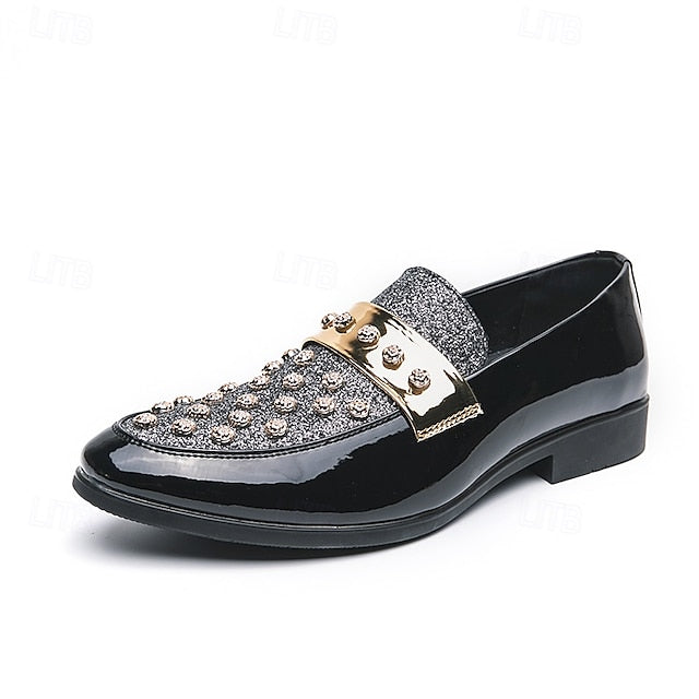 Men's Black Patent Loafers with Studded Detail and Gold