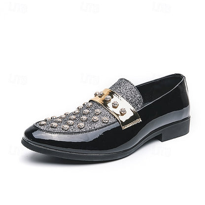 Men's Black Patent Loafers with Studded Detail and Gold