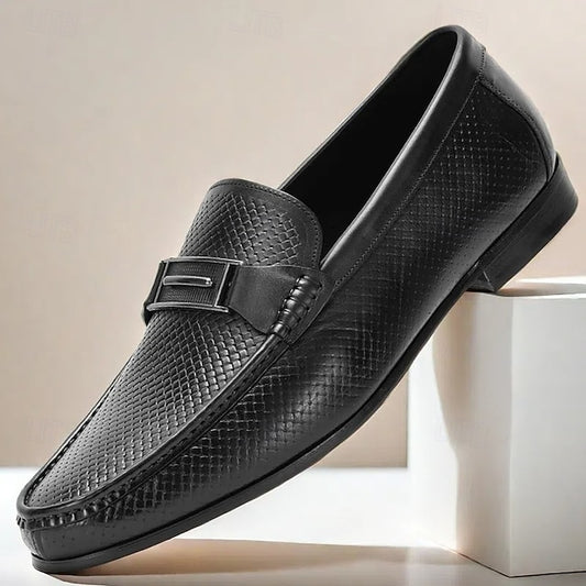 Men's Black Textured Leather Loafers – 100% Premium
