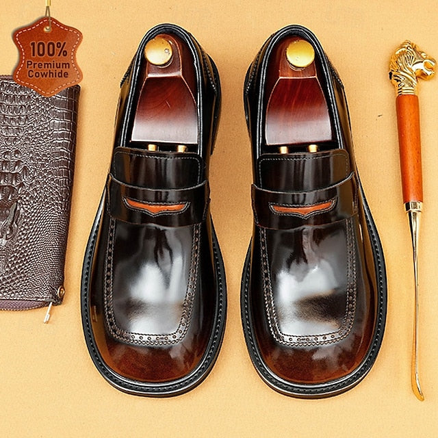 Men's Black Premium Cowhide Slip-On Loafers with Decorative