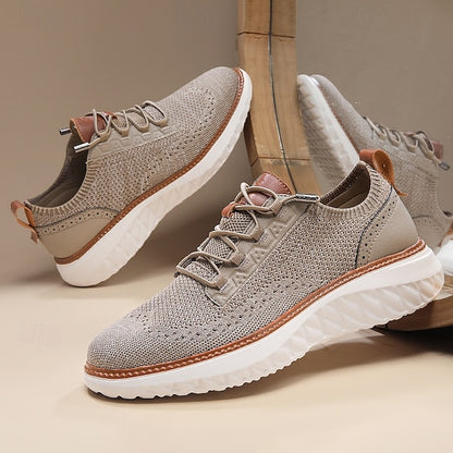 Men's Shoes Beige Knit Lace-Up Sneakers with Lightweight