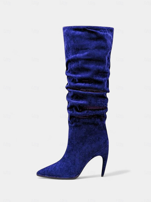 Women's High Knee Pointed Slouch Velvet Boots Toe Green -