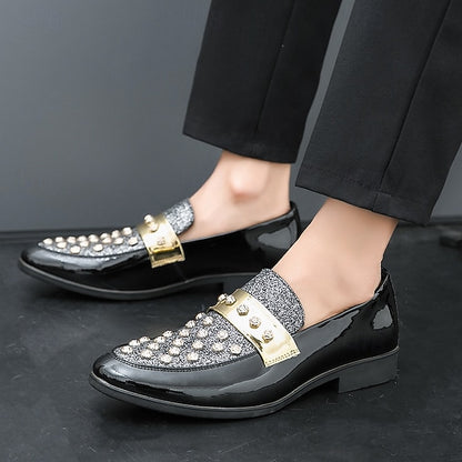 Men's Black Patent Loafers with Studded Detail and Gold