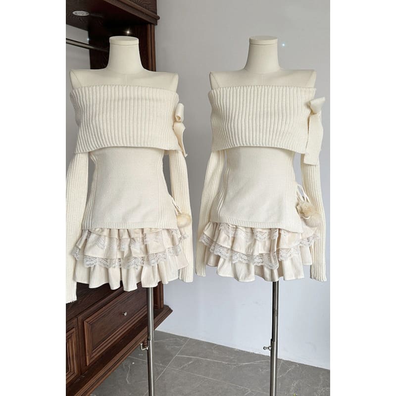 White Bow Knit Shoulder Sweater - Sweater