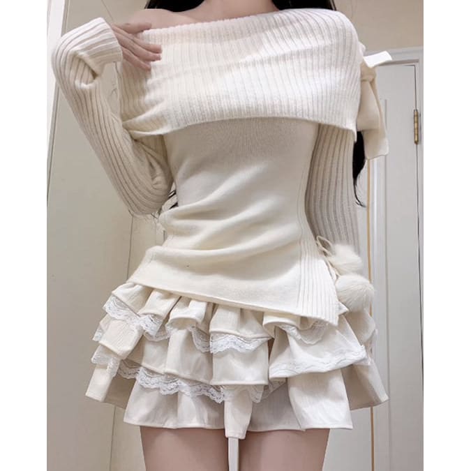 White Bow Knit Shoulder Sweater - Sweater