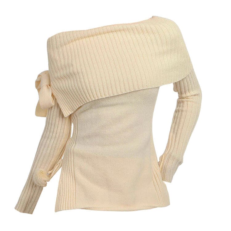 White Bow Knit Shoulder Sweater - Sweater