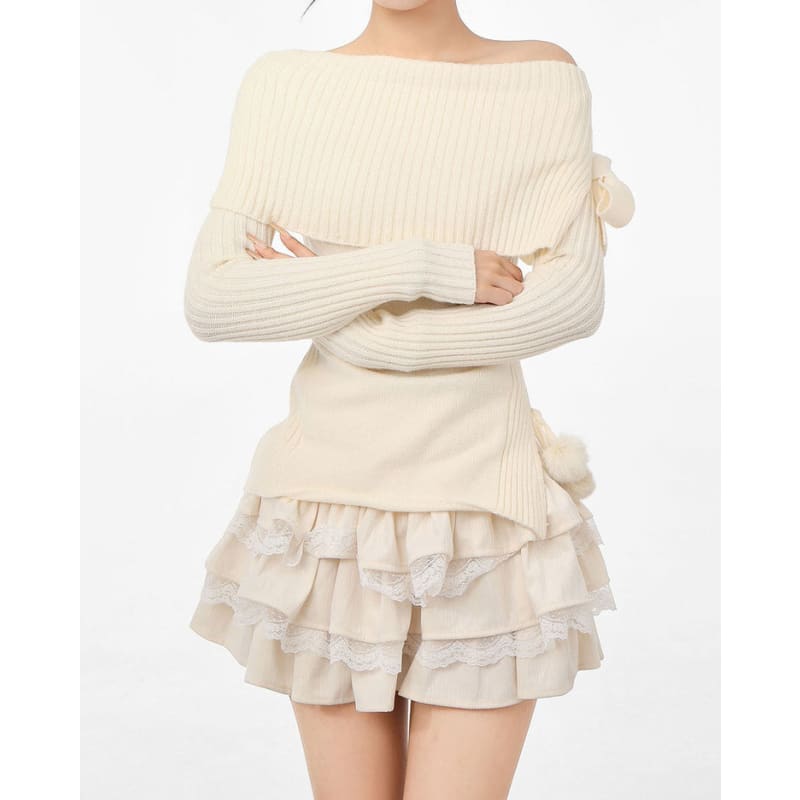 White Bow Knit Shoulder Sweater - Sweater