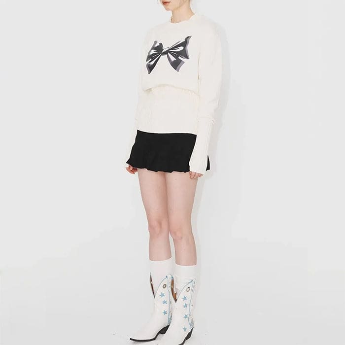 White Knit Bow Jumper - Free Size / White - Sweater