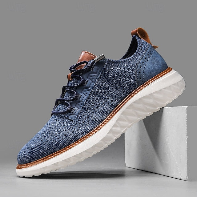 Men's Shoes Beige Knit Lace-Up Sneakers with Lightweight