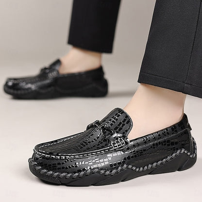 Men’s Black Moc-Toe Driving Loafers – Textured Crocodile