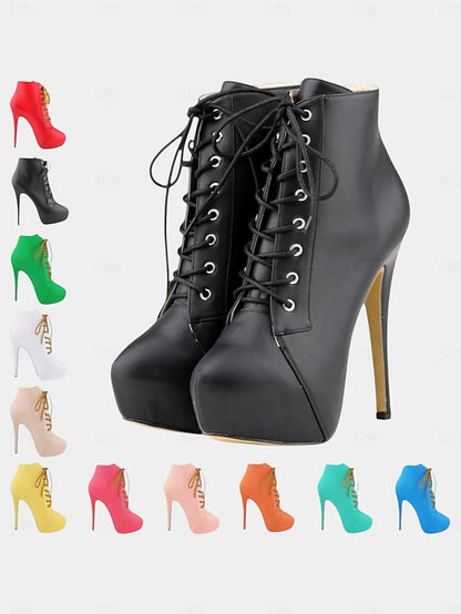 Faux Ankle Women's Lace-Up Boots Beige Platform - Leather