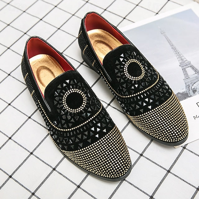 Men's Prom Shoes - Black Studded Velvet Loafers with Spiral