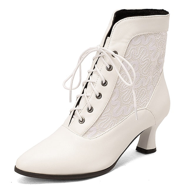 Boots White with Ankle Lace-Up Embroidered Women's Panels