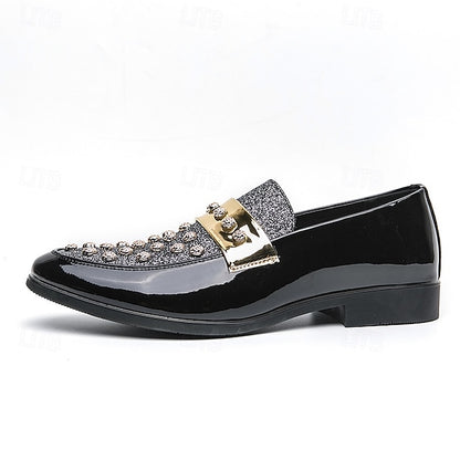 Men's Black Patent Loafers with Studded Detail and Gold