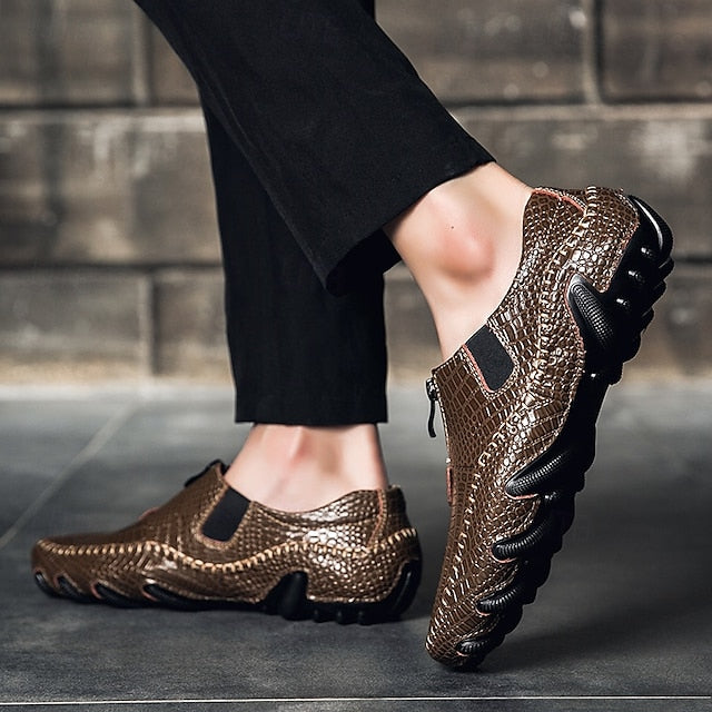 Men's Crocodile Pattern Leather Loafers - Stylish Slip-On