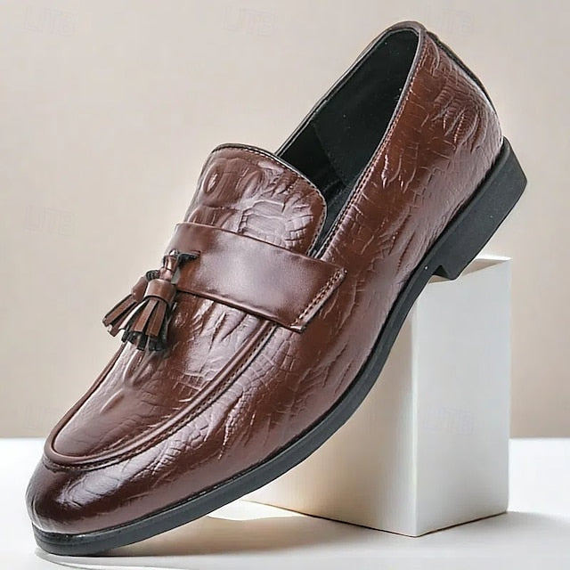 Men's Green Faux Leather Loafers with Crocodile Embossed