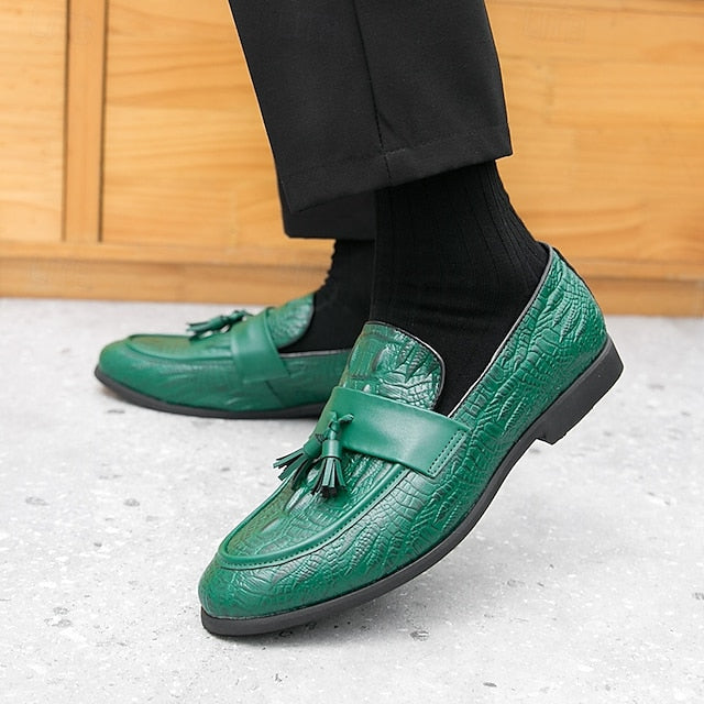 Men's Green Faux Leather Loafers with Crocodile Embossed