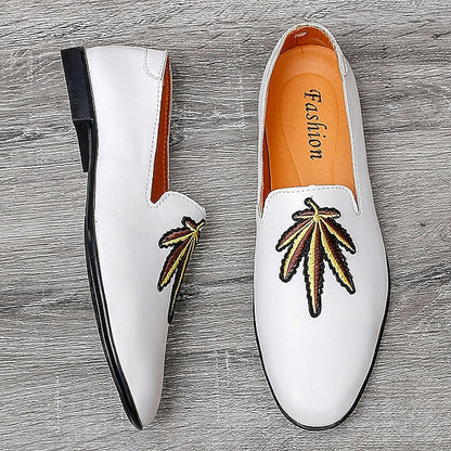 Men's Prom Shoes - White Faux Leather Loafers with Feather