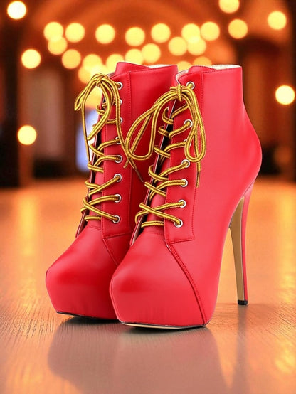 Faux Ankle Women's Lace-Up Boots Beige Platform - Leather