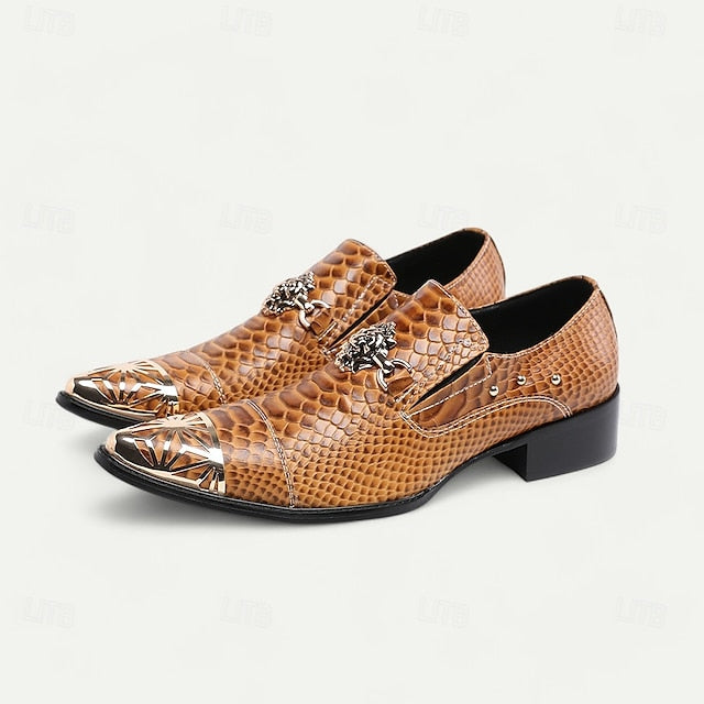 Men's Brown Snake Pattern Leather Slip-On Shoes with Metal