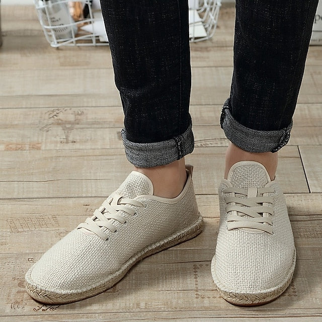 Men's Beige Canvas Lace-Up Espadrille Shoes with Jute Rope