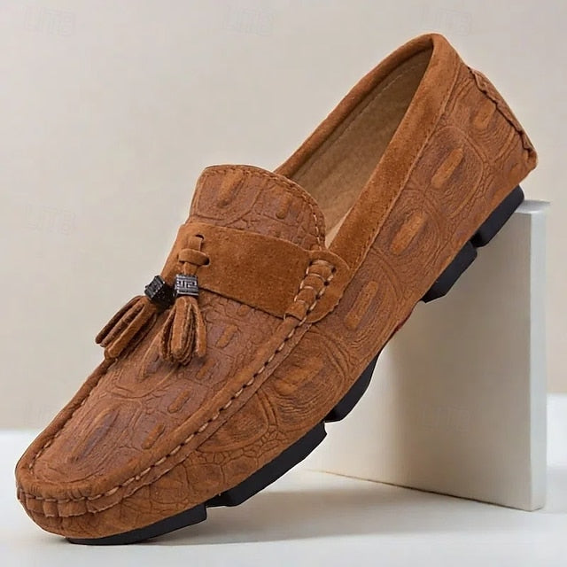 Men's Brown Faux Suede Loafers with Tassel Detail and