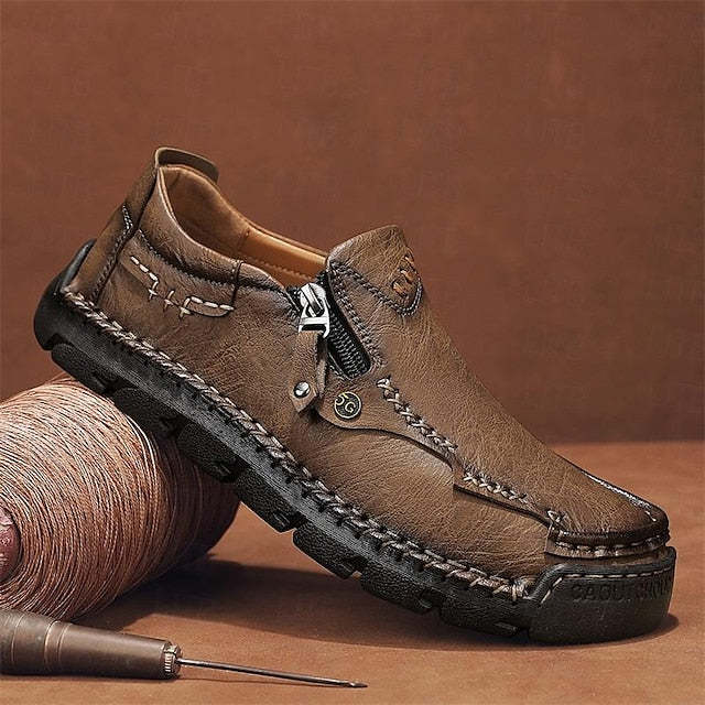 Men's Brown Faux Leather Slip-On Loafers with Side Zipper