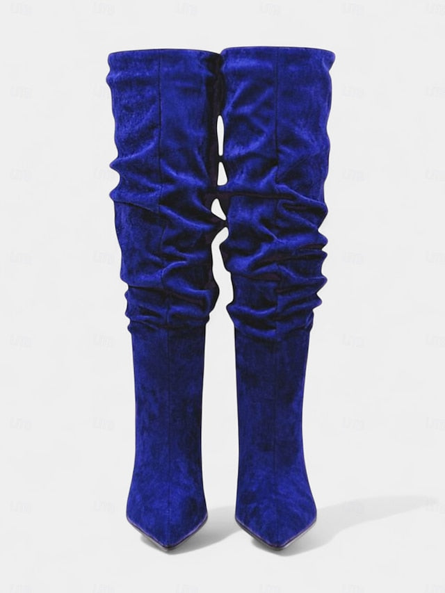 Women's High Knee Pointed Slouch Velvet Boots Toe Green -