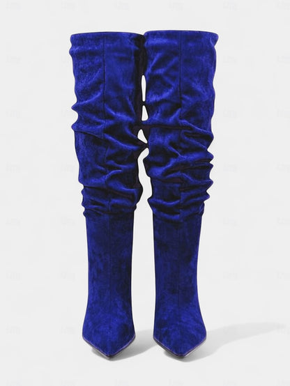 Women's High Knee Pointed Slouch Velvet Boots Toe Green -