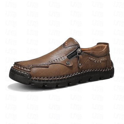 Men's Brown Faux Leather Slip-On Loafers with Side Zipper